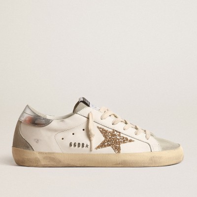 Golden Goose Women's Super-Star Sneakers With Gold Glitter Star And Ice-gray Suede Inserts GWF00102.F004664.10417