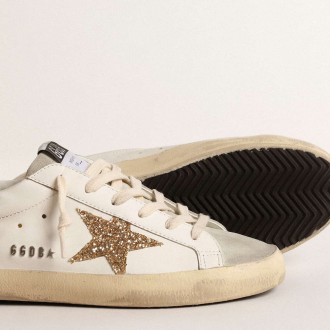 Golden Goose Women's Super-Star Sneakers With Gold Glitter Star And Ice-gray Suede Inserts GWF00102.F004664.10417