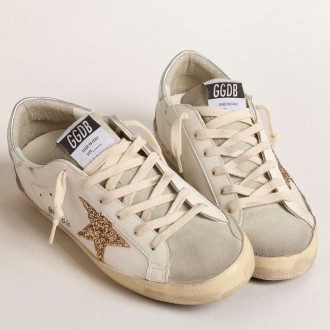 Golden Goose Women's Super-Star Sneakers With Gold Glitter Star And Ice-gray Suede Inserts GWF00102.F004664.10417