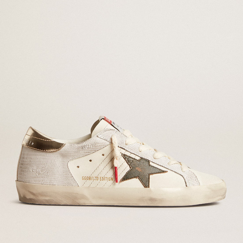 Golden Goose Women's Super-Star Sneakers With Lizard Print With Green Star And Platinum Heel Tab GWF00103.F005884.11862