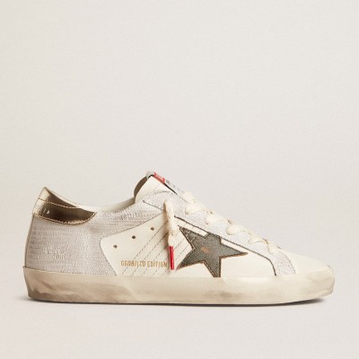 Golden Goose Women's Super-Star Sneakers With Lizard Print With Green Star And Platinum Heel Tab GWF00103.F005884.11862