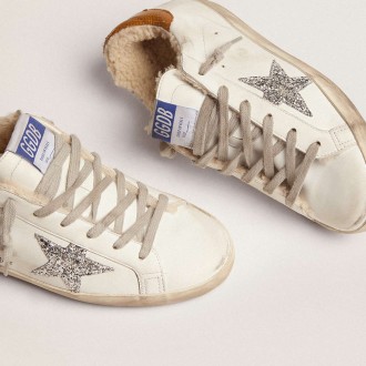 Golden Goose Women's Super-Star Sneakers With Shearling Lining And Silver Glitter Star GWF00101.F002695.10942