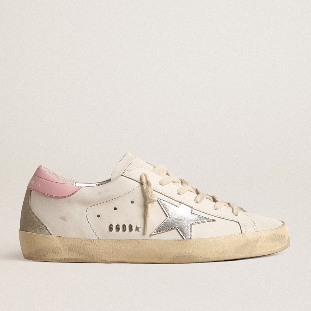 Golden Goose Women's Super-Star Sneakers With Silver Leather Star And Pink Heel Tab GWF00102.F004662.11531