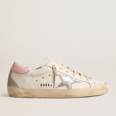 Golden Goose Women's Super-Star Sneakers With Silver Leather Star And Pink Heel Tab GWF00102.F004662.11531