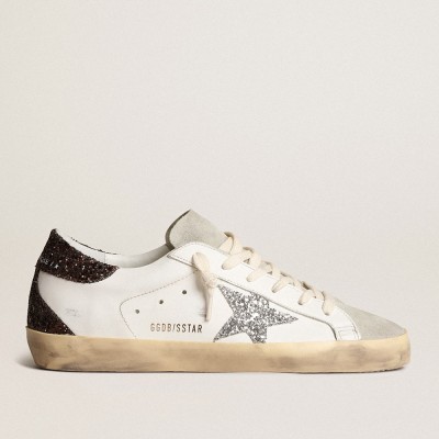 Golden Goose Women's Super-Star Sneakers With Silver Star And Brown Glitter Heel Tab GWF00102.F003971.11353