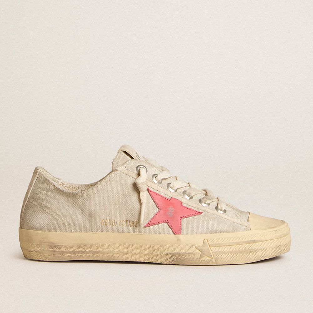 Golden Goose Women's V-Star Sneakers In Light Gray Canvas With A Red Leather Star GWF00129.F005894.60519