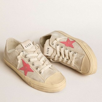 Golden Goose Women's V-Star Sneakers In Light Gray Canvas With A Red Leather Star GWF00129.F005894.60519