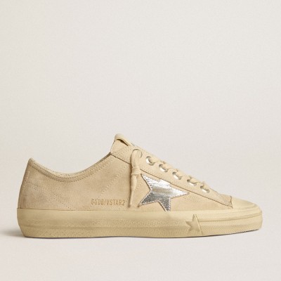 Golden Goose Women's V-Star Sneakers In Pearl Suede With Silver Metallic Leather Star GWF00129.F005298.15542