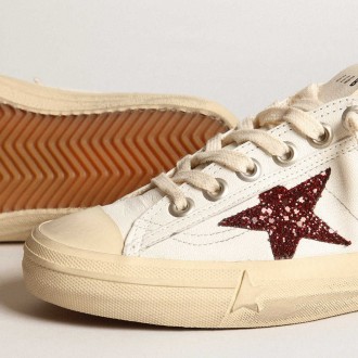 Golden Goose Women's V-Star Sneakers In White Nappa With Red Glitter Star GWF00129.F003921.10350