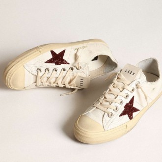 Golden Goose Women's V-Star Sneakers In White Nappa With Red Glitter Star GWF00129.F003921.10350