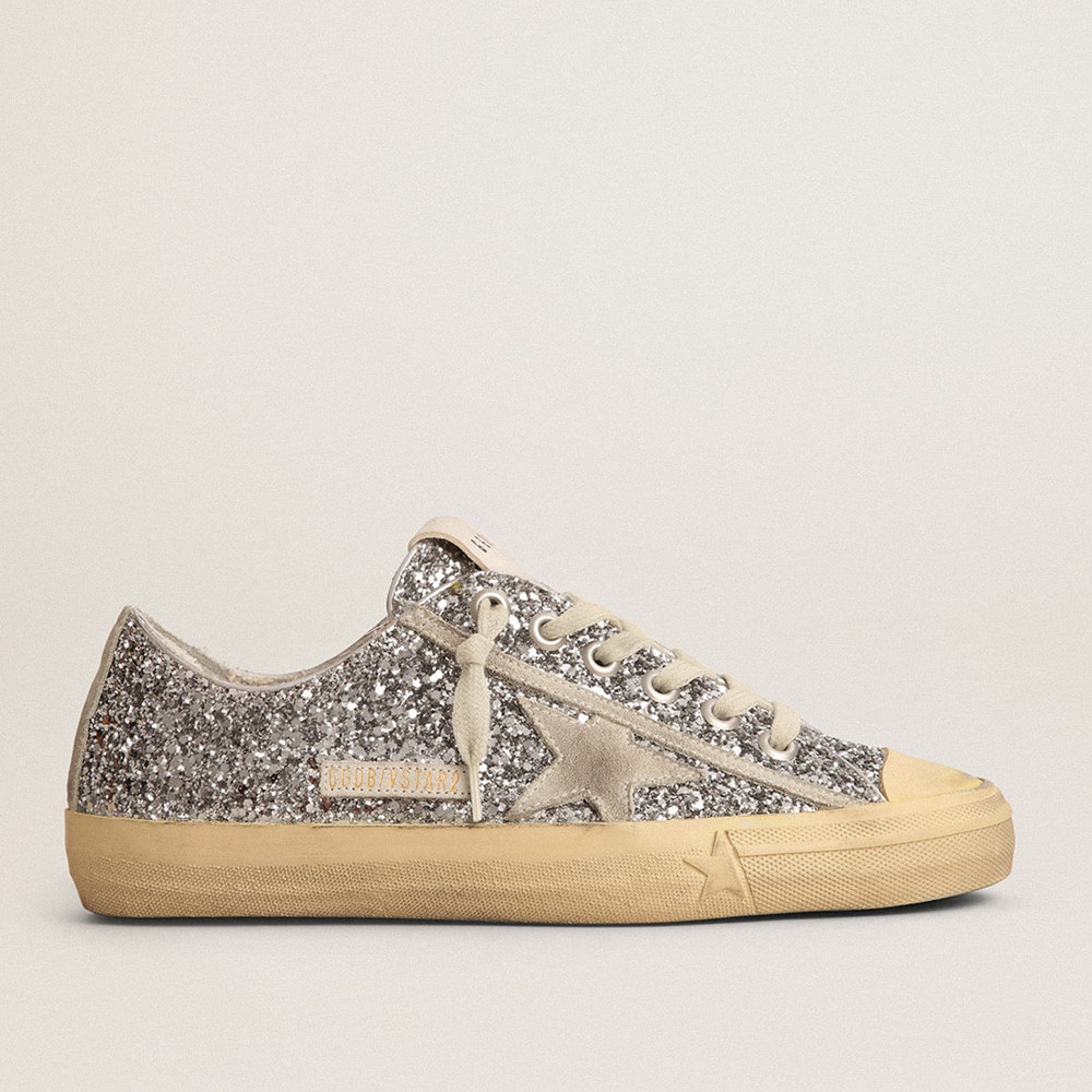 Golden Goose Women's V-Star Sneakers LTD In Silver Glitter With Ice-gray Suede Star GWF00129.F003085.70136