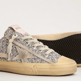 Golden Goose Women's V-Star Sneakers LTD In Silver Glitter With Ice-gray Suede Star GWF00129.F003085.70136