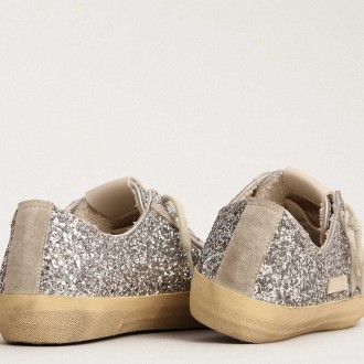 Golden Goose Women's V-Star Sneakers LTD In Silver Glitter With Ice-gray Suede Star GWF00129.F003085.70136