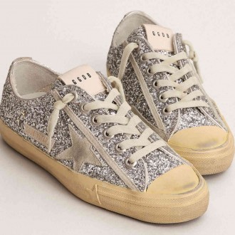 Golden Goose Women's V-Star Sneakers LTD In Silver Glitter With Ice-gray Suede Star GWF00129.F003085.70136