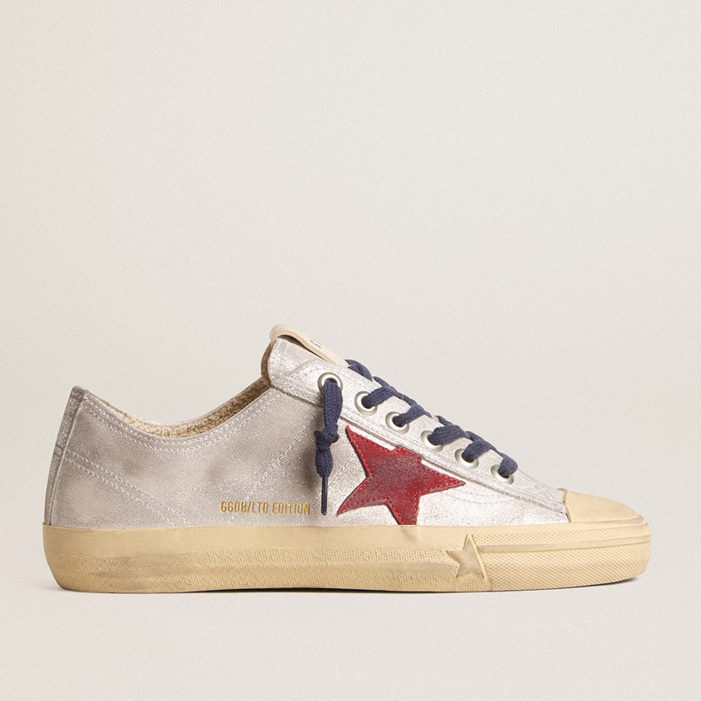 Golden Goose Women's V-Star Sneakers LTD In Silver Metallic Suede With Red Suede Star GWF00129.F005928.70217