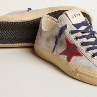 Golden Goose Women's V-Star Sneakers LTD In Silver Metallic Suede With Red Suede Star GWF00129.F005928.70217