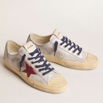 Golden Goose Women's V-Star Sneakers LTD In Silver Metallic Suede With Red Suede Star GWF00129.F005928.70217