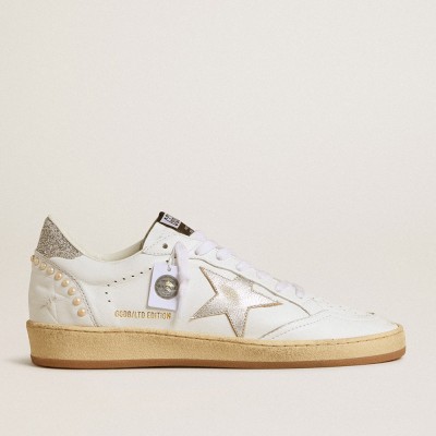 Golden Goose Women's White Ball Star Sneakers With A Silver Star And Swarovski Crystal Heel Tab With Pearls GWF00117.F005962.80185